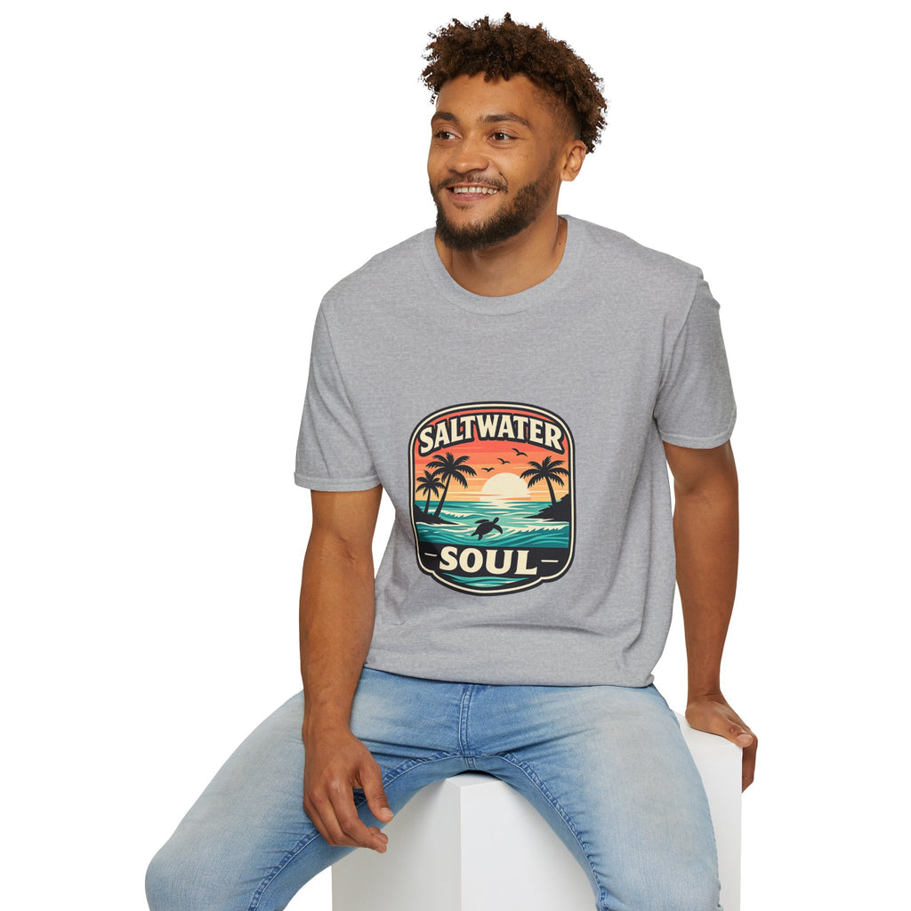 Saltwater Soul Retro Beach T-Shirt — Cute Coastal Gift for Women Sunset Palm Tee