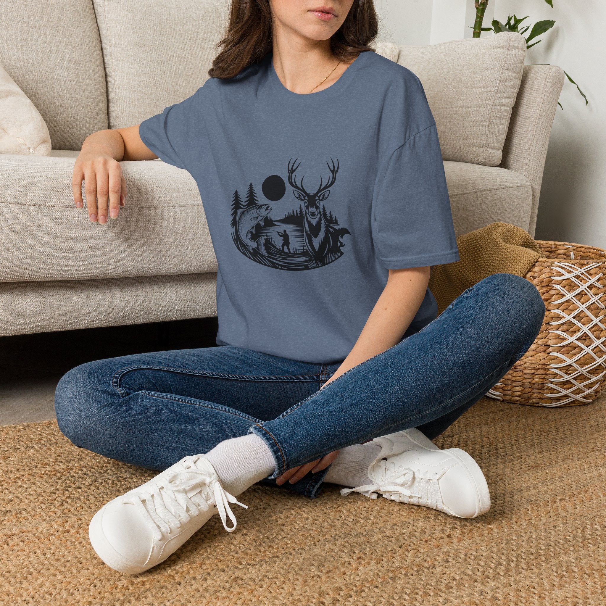 Deer & Fish Forest Silhouette T-Shirt — Rustic Outdoor Gift for Hunters Graphic Tee