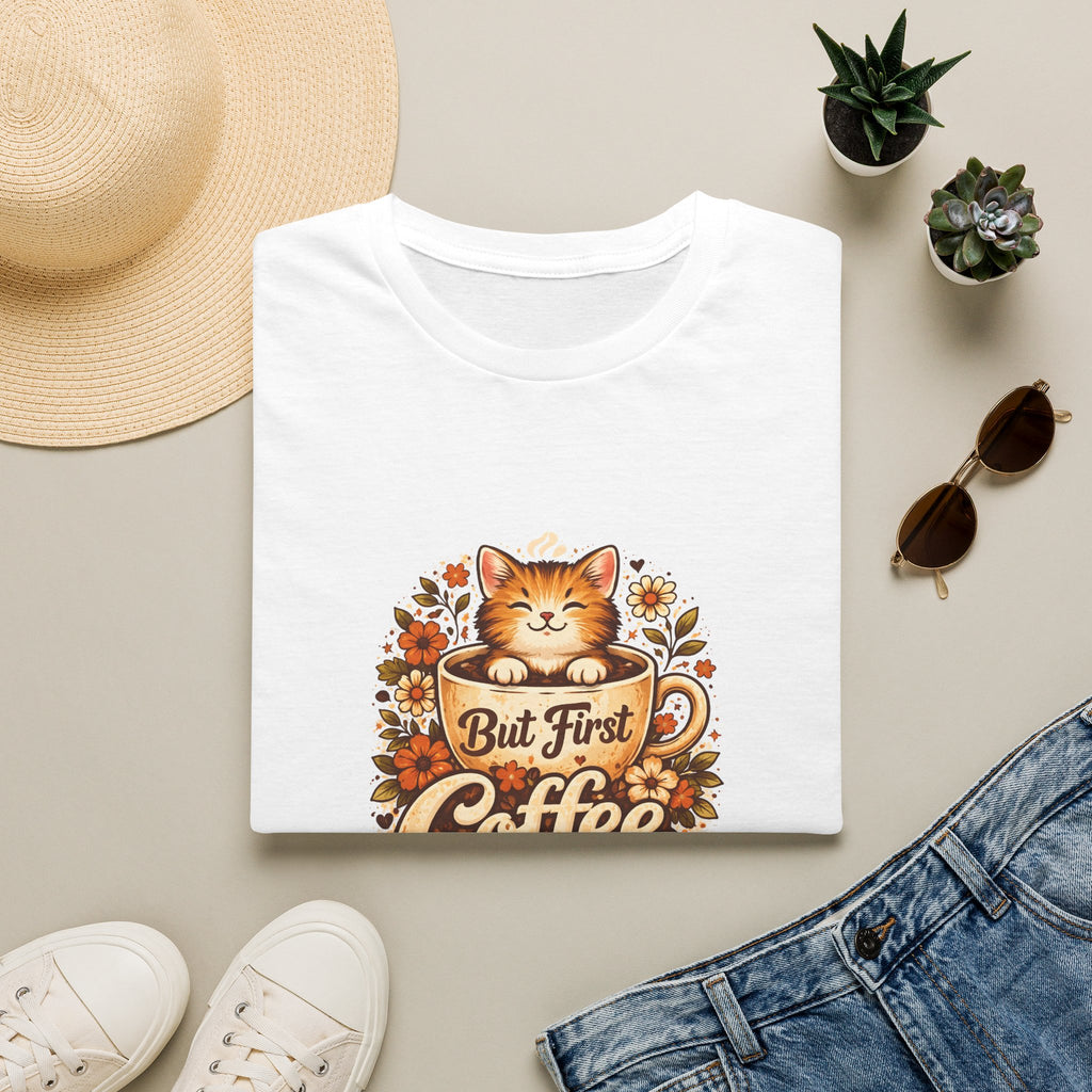 But First Coffee Cat T-Shirt — Cute Floral Gift for Coffee Lovers Women's Tee