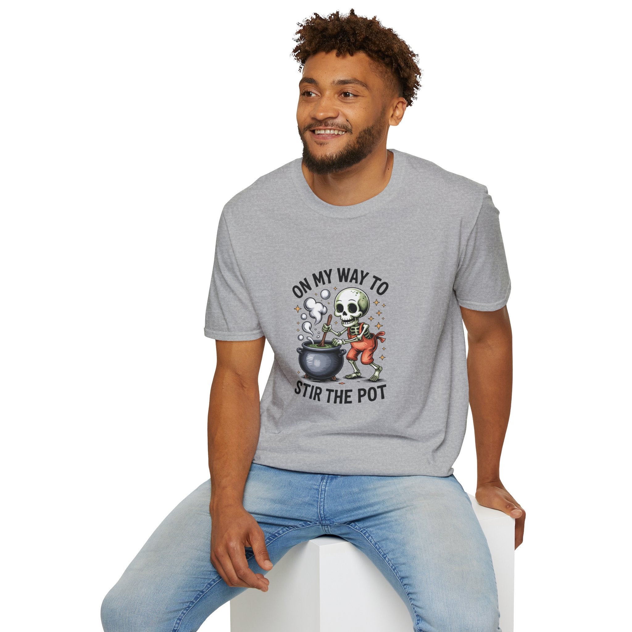 On My Way to Stir the Pot Skeleton T-Shirt — Funny Halloween Gift for Women
