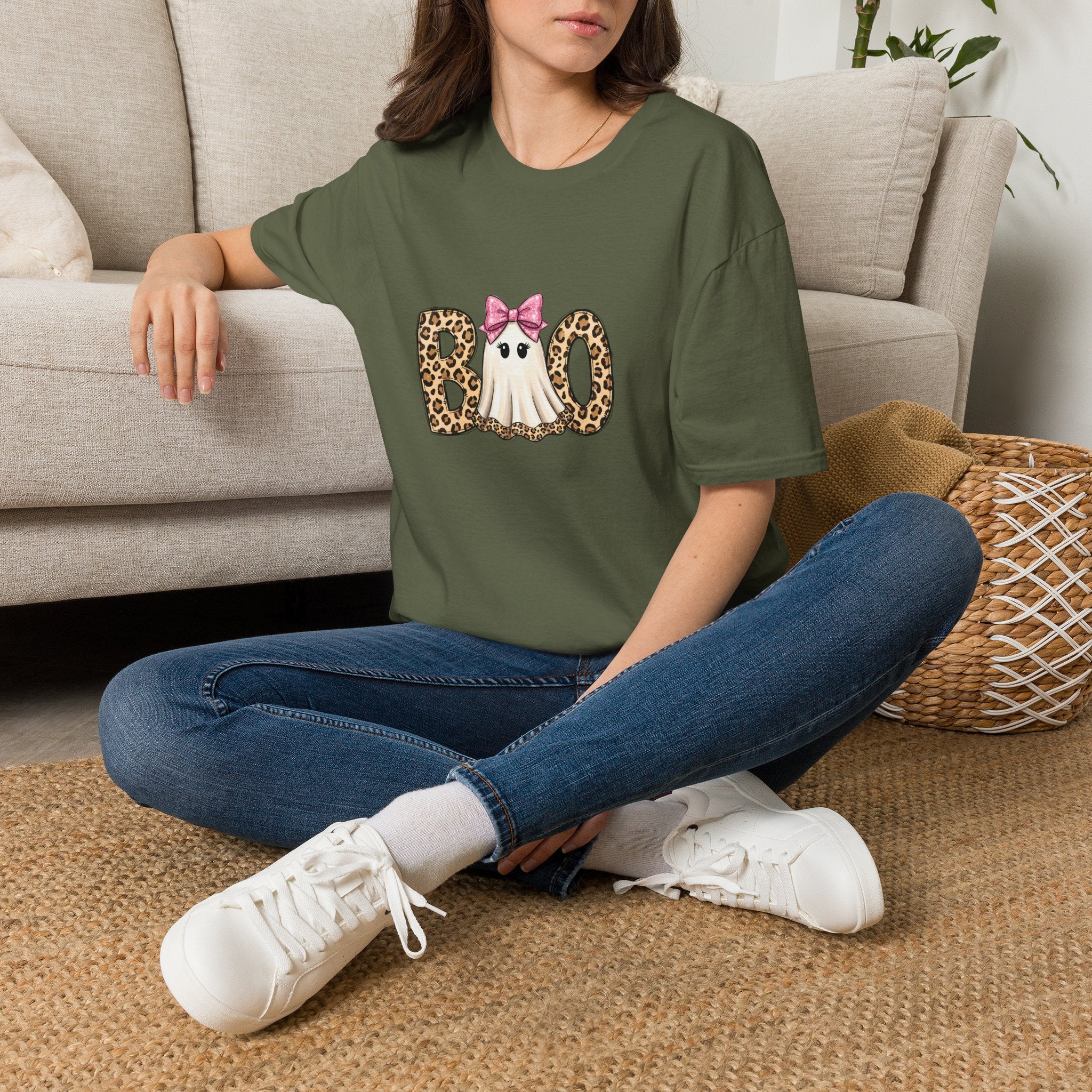 Boo Leopard Ghost T-Shirt — Cute Pink Bow Halloween Gift for Women Graphic Tee