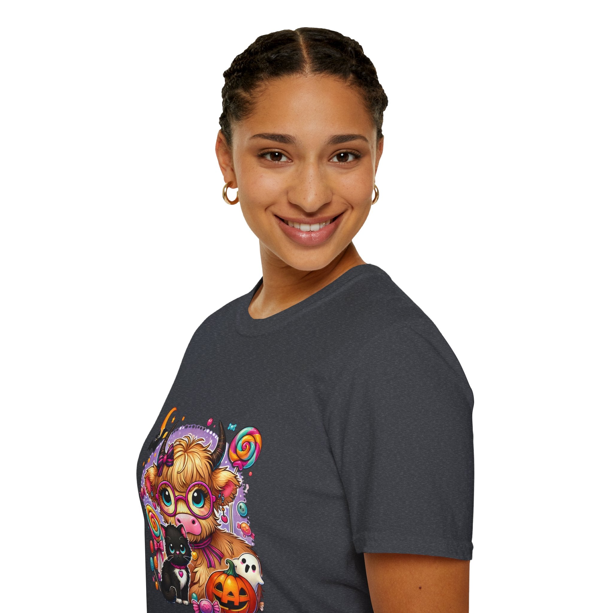 Cute Halloween Cow T-Shirt — Funny Gift for Her Candy Pumpkins & Kitty Costume Tee