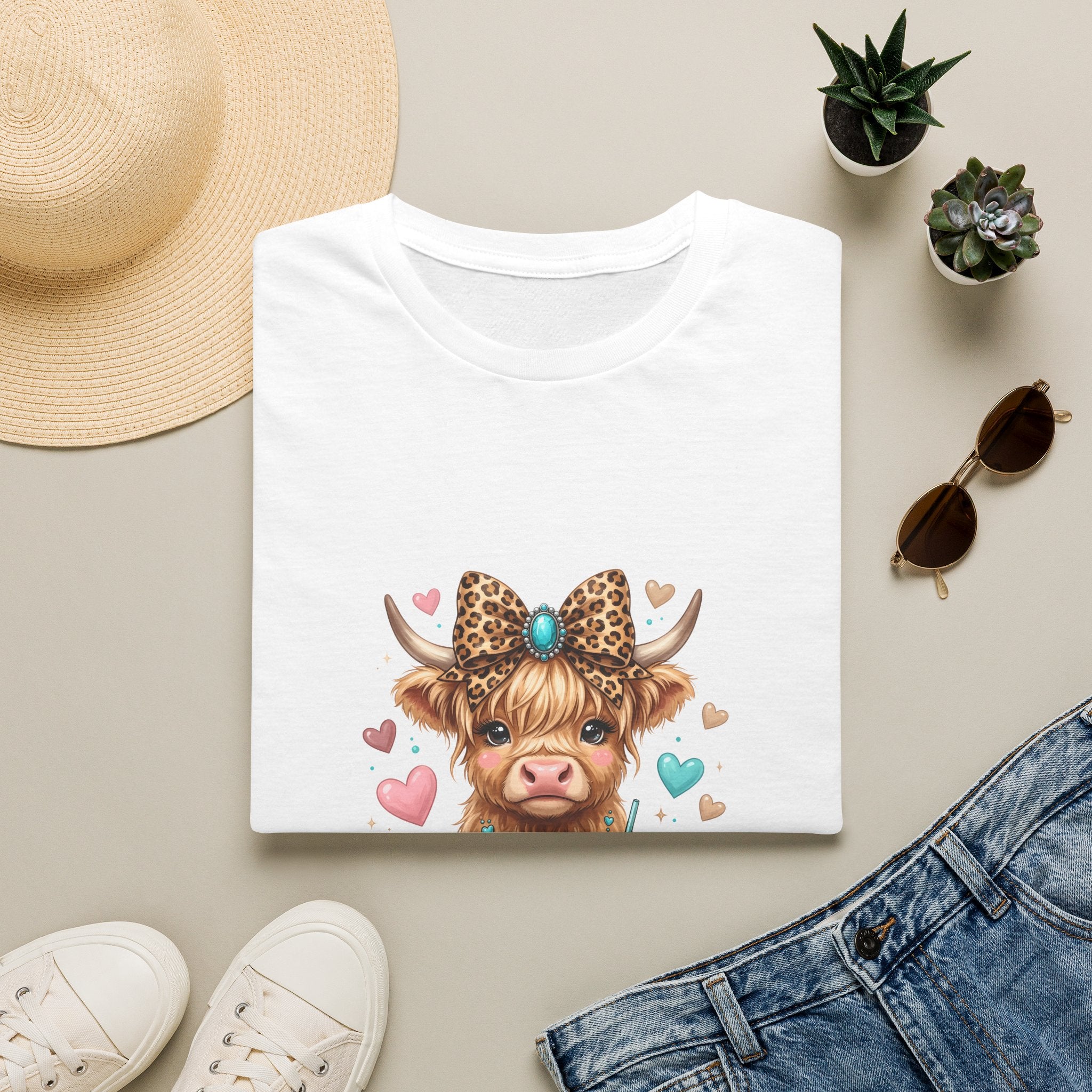 Highland Cow Leopard Bow T-Shirt — Cute Funny Gift for Her Hearts Graphic Tee
