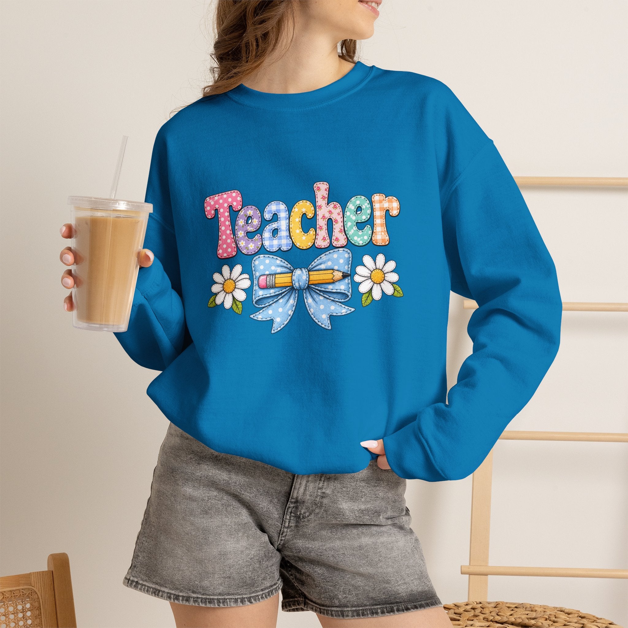 Teacher Floral Bow Sweatshirt — Cute Pastel Gift for Teachers Appreciation Crewneck