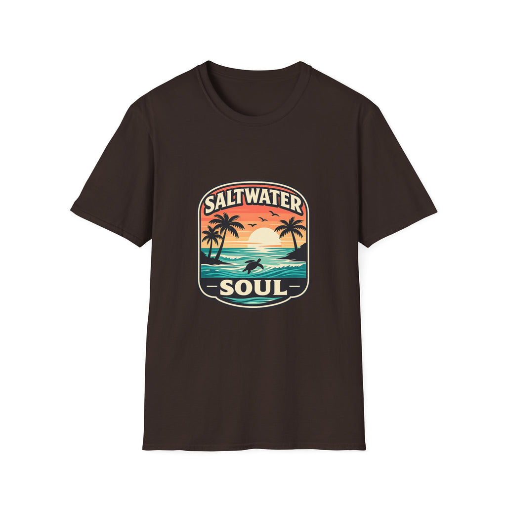 Saltwater Soul Retro Beach T-Shirt — Cute Coastal Gift for Women Sunset Palm Tee