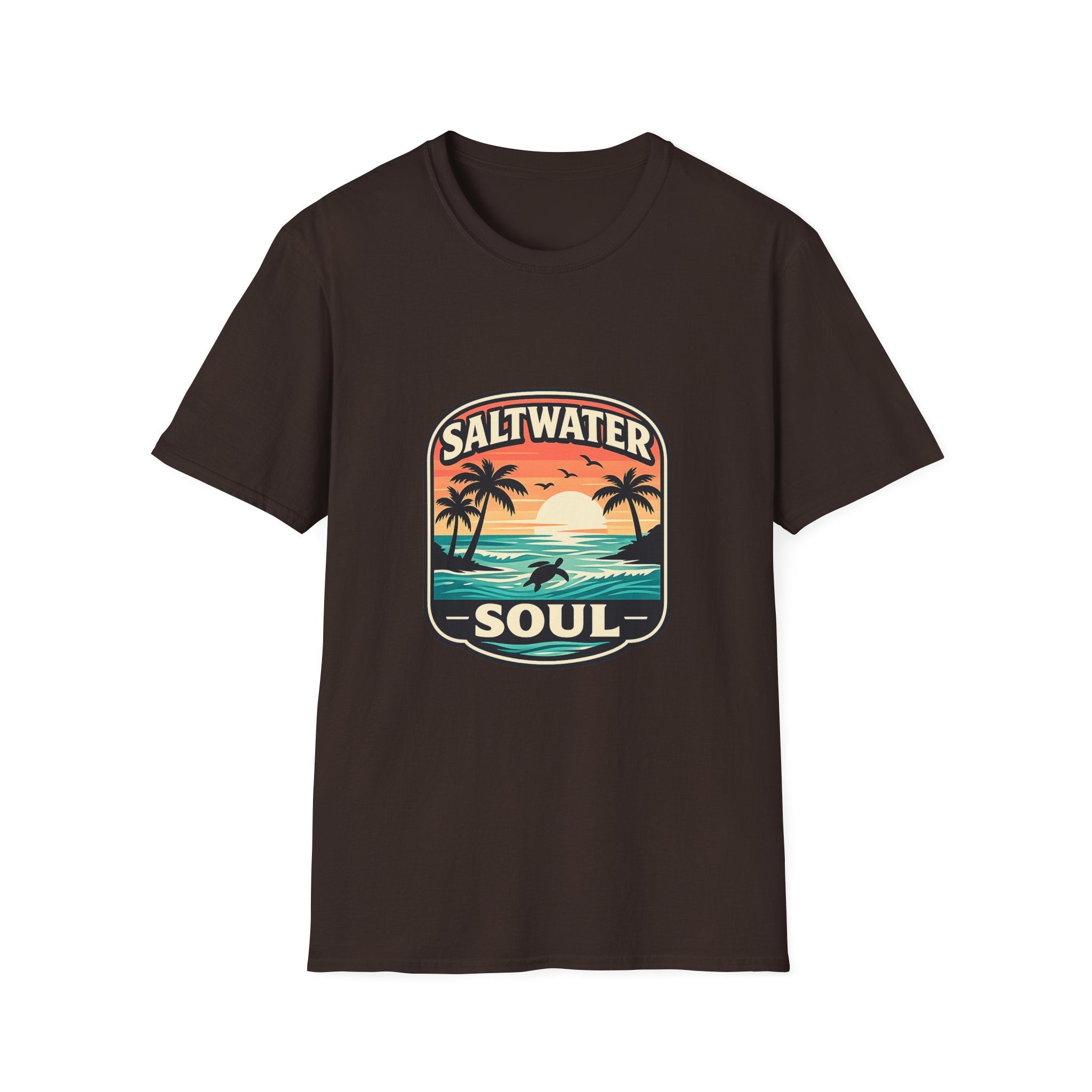 Saltwater Soul Retro Beach T-Shirt — Cute Coastal Gift for Women Sunset Palm Tee