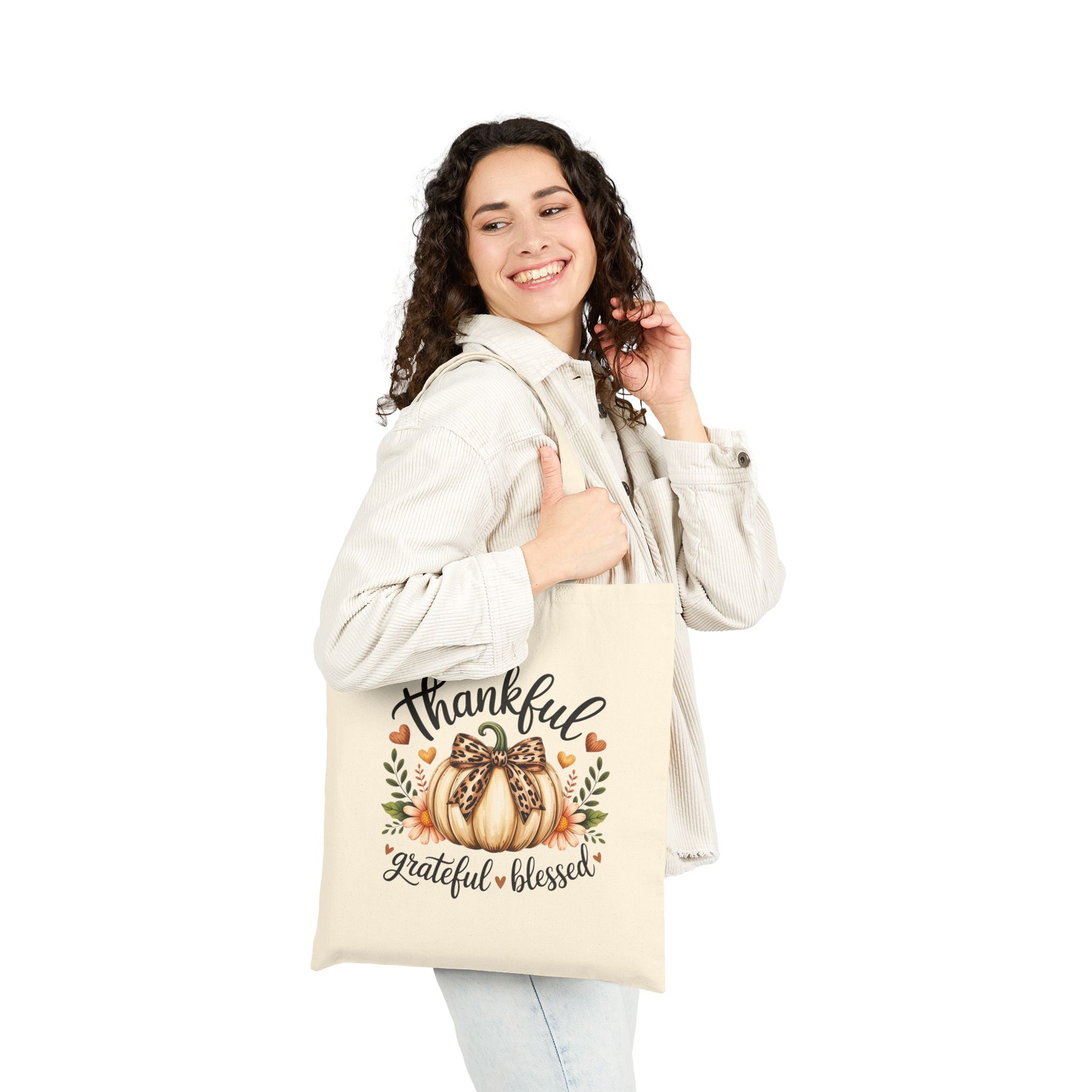 Thankful Grateful Blessed Pumpkin Tote Bag — Cute Fall Gift for Women Canvas Shopper