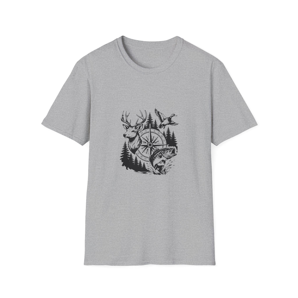 Outdoor Wildlife Compass T-Shirt — Deer Duck & Fish Nature Gift for Hunters