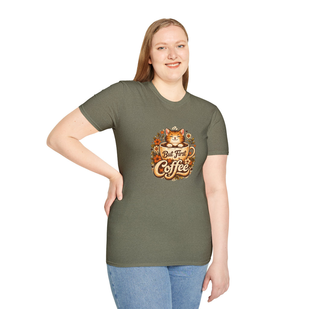 But First Coffee Cat T-Shirt — Cute Floral Gift for Coffee Lovers Women's Tee