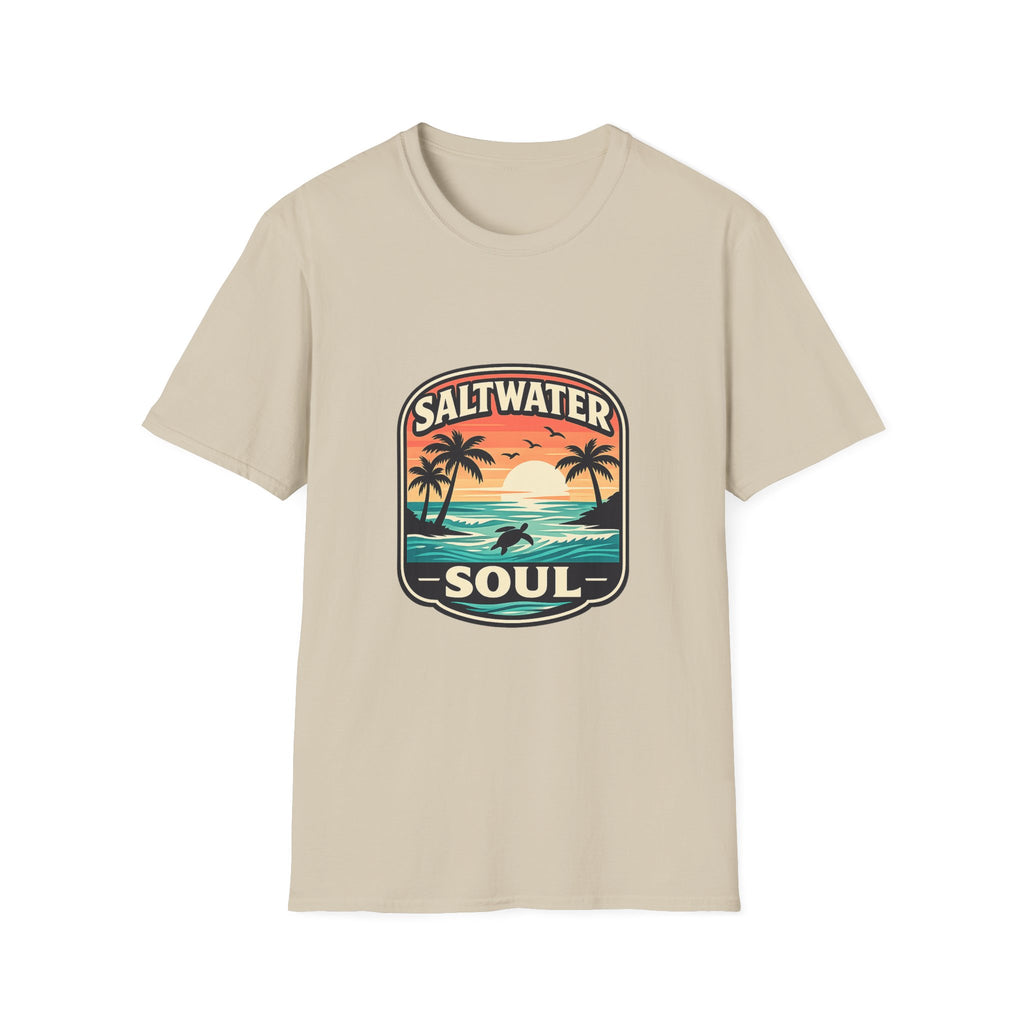 Saltwater Soul Retro Beach T-Shirt — Cute Coastal Gift for Women Sunset Palm Tee