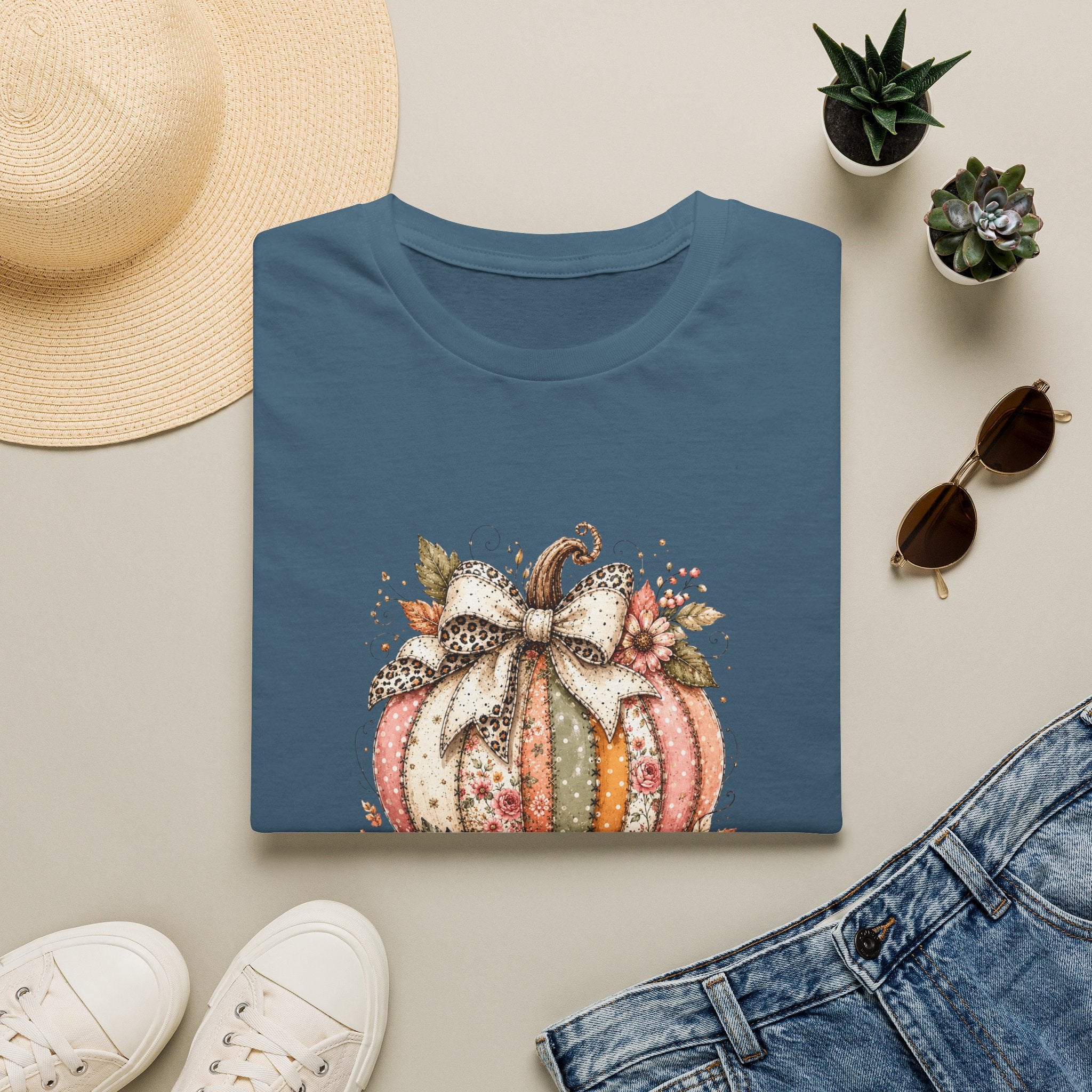 Autumn Floral Pumpkin Leopard Bow T-Shirt — Cute Fall Gift for Women Graphic Tee
