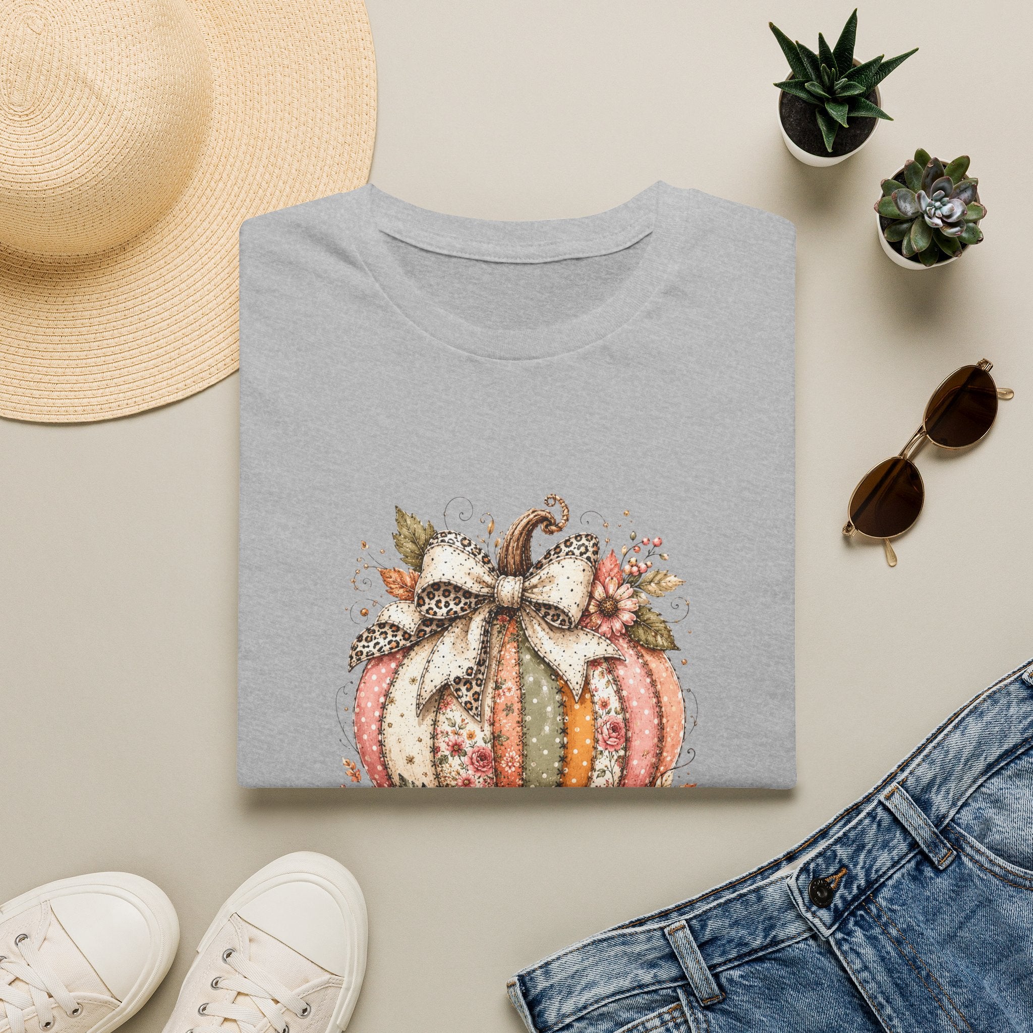 Autumn Floral Pumpkin Leopard Bow T-Shirt — Cute Fall Gift for Women Graphic Tee