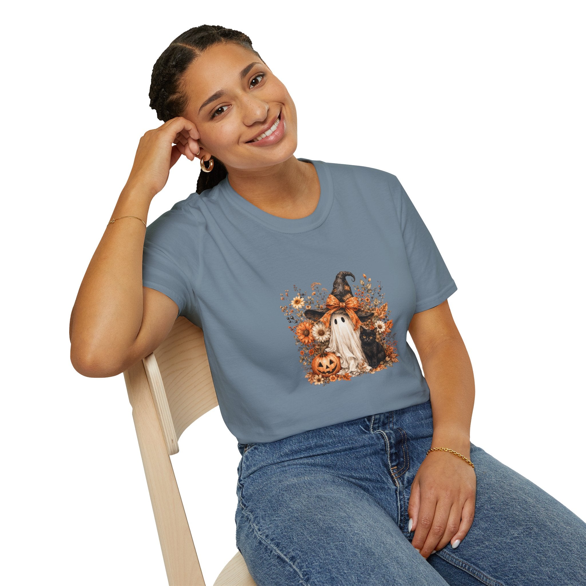 Halloween Witch Ghost & Cat T-Shirt — Cute Spooky Gift for Women Fall Floral Tee