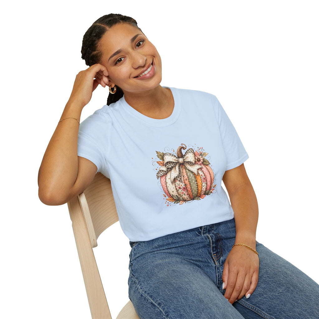 Autumn Floral Pumpkin Leopard Bow T-Shirt — Cute Fall Gift for Women Graphic Tee