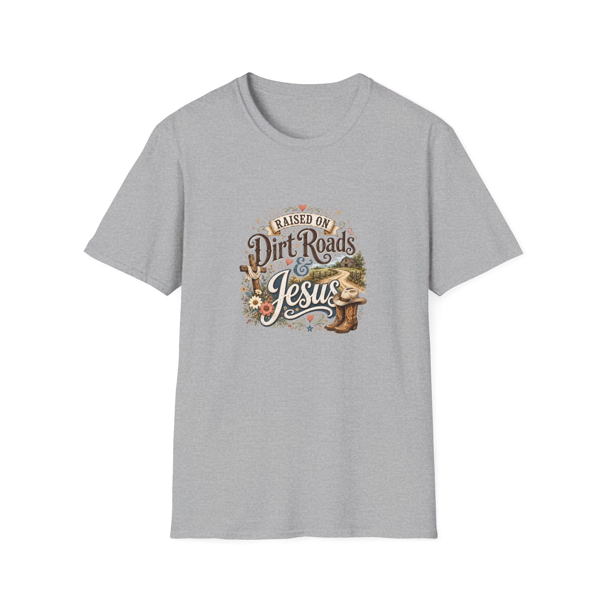 Raised on Dirt Roads & Jesus T-Shirt — Rustic Christian Gift for Women Faith Tee