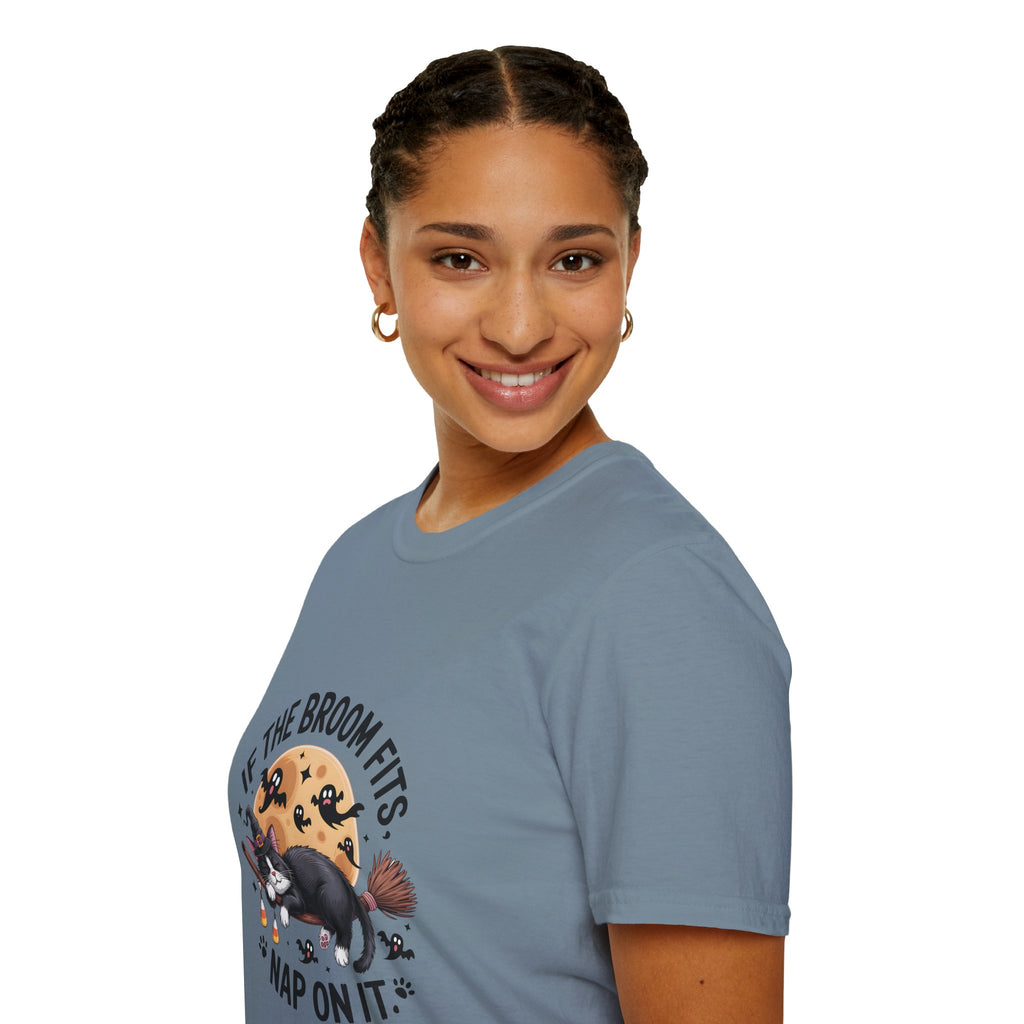 If the Broom Fits Nap on It Cat T-Shirt — Funny Halloween Gift for Women Witchy Tee