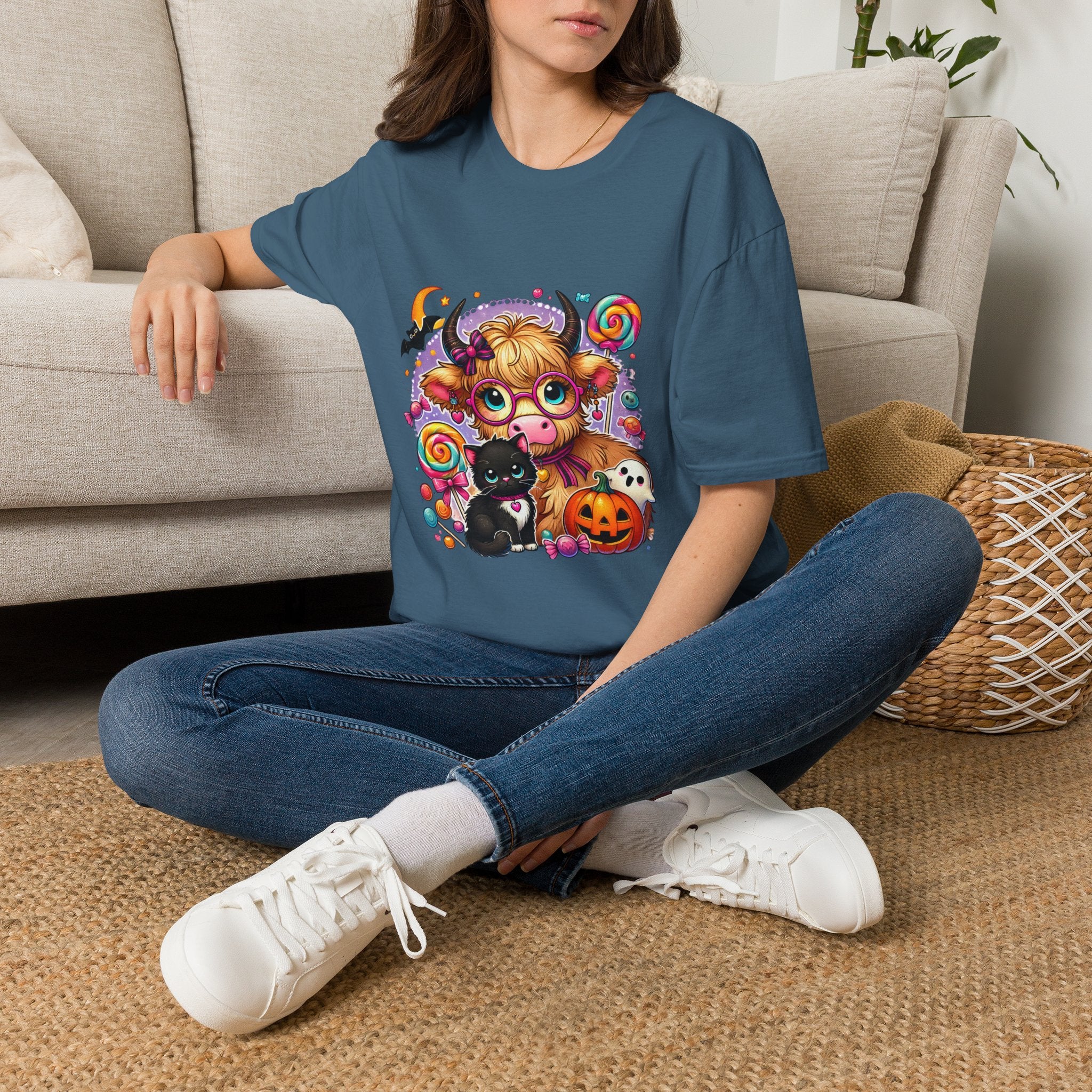 Cute Halloween Cow T-Shirt — Funny Gift for Her Candy Pumpkins & Kitty Costume Tee