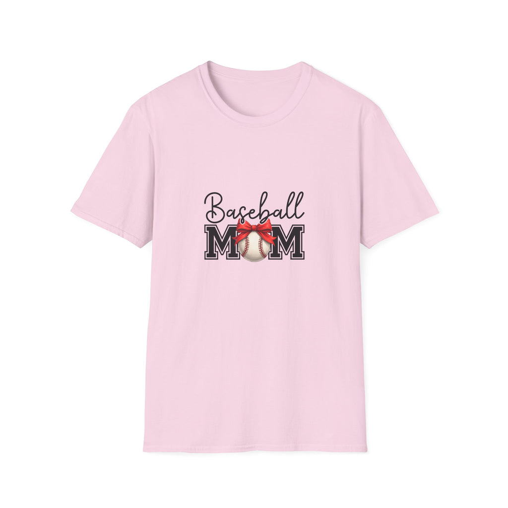 Baseball Mom T-Shirt — Cute Red Bow Gift for Sports Moms Game Day Graphic Tee