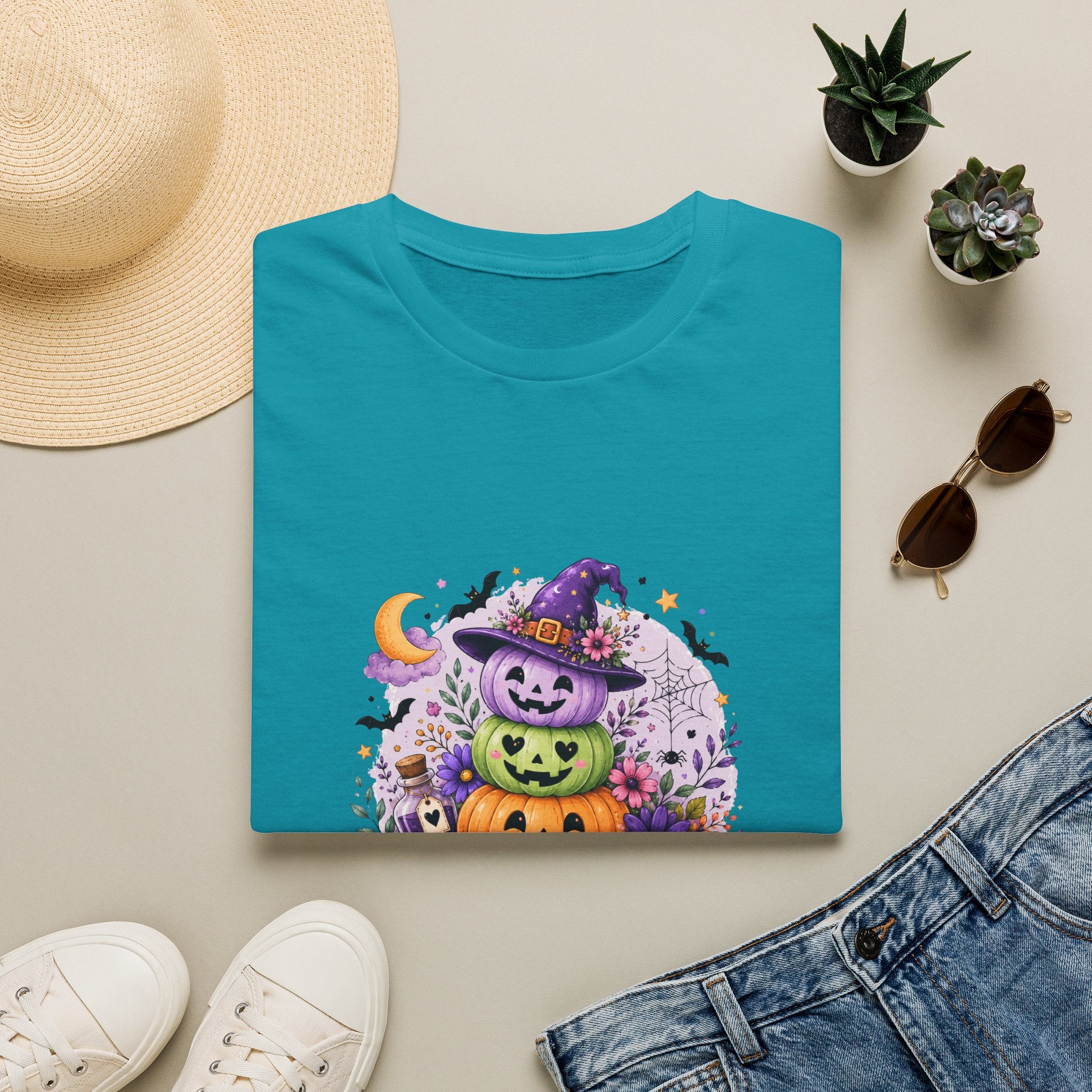 Spooky Season Pumpkin Stack T-Shirt — Cute Halloween Gift for Women Witch Hat Tee