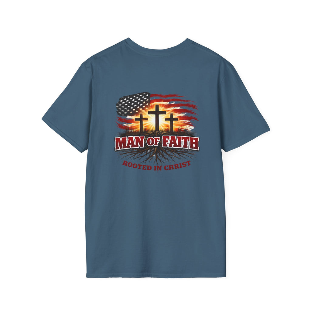 Man of Faith Rooted in Christ T-Shirt — Christian Gift for Him Flag & Cross Back Print Graphic Tee