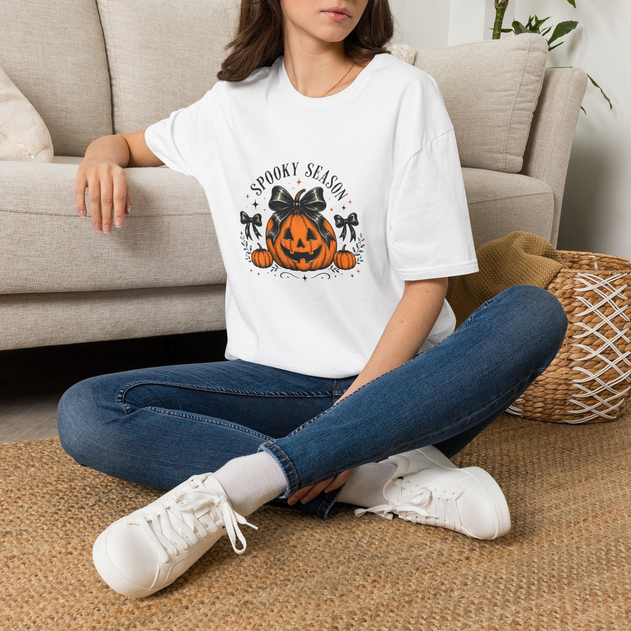 Spooky Season Jack-O'-Lantern Bow T-Shirt — Cute Halloween Gift for Women Graphic Tee