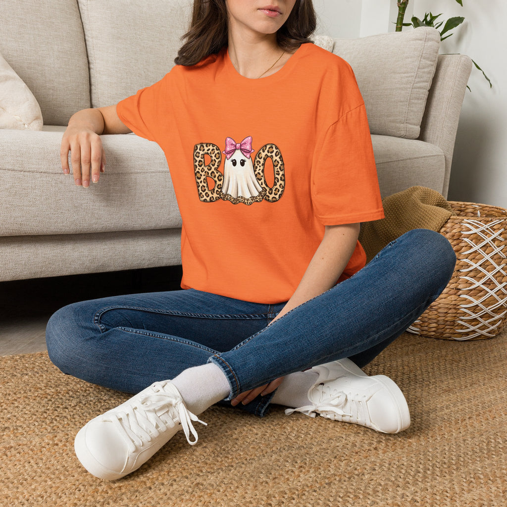 Boo Leopard Ghost T-Shirt — Cute Pink Bow Halloween Gift for Women Graphic Tee