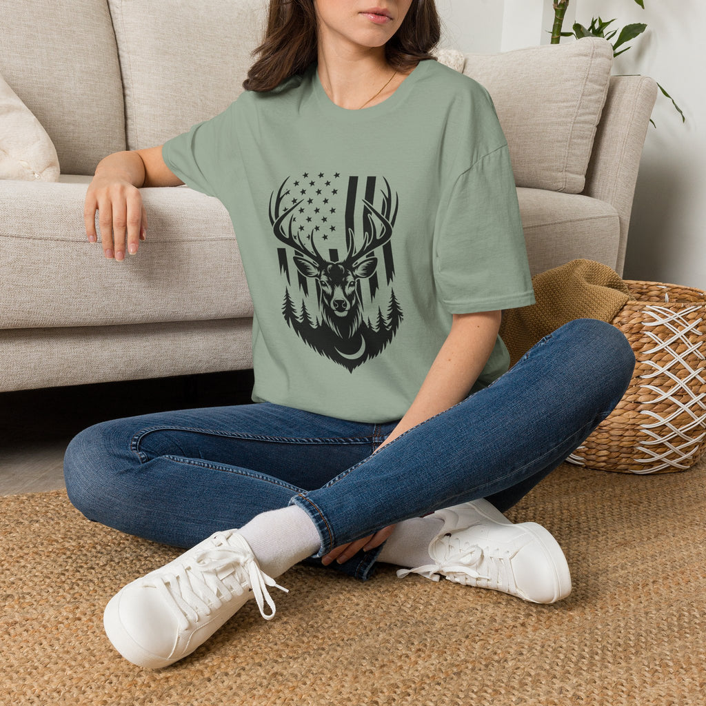 Rustic American Flag Buck T-Shirt — Patriotic Hunting Gift for Men Wildlife Tee