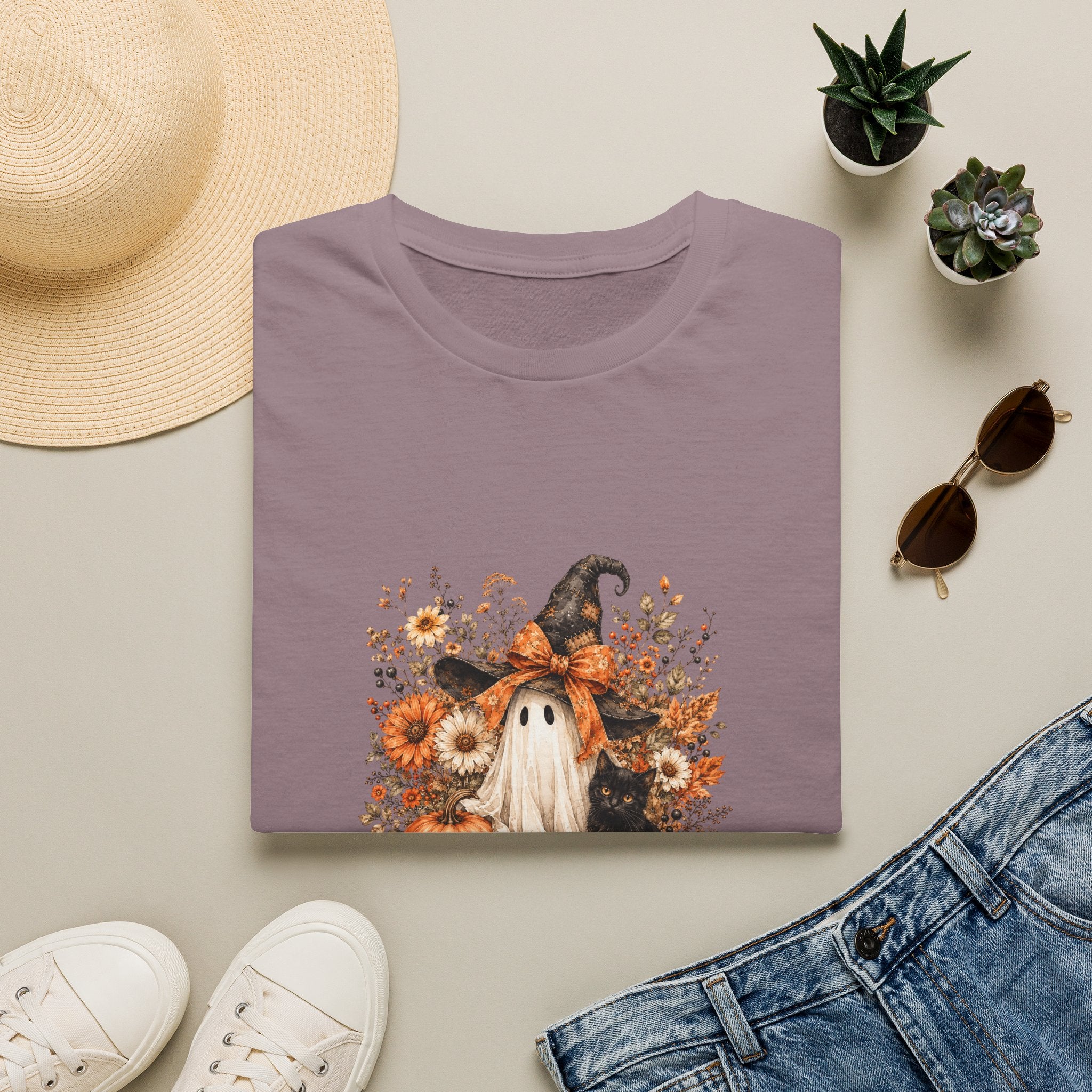Halloween Witch Ghost & Cat T-Shirt — Cute Spooky Gift for Women Fall Floral Tee