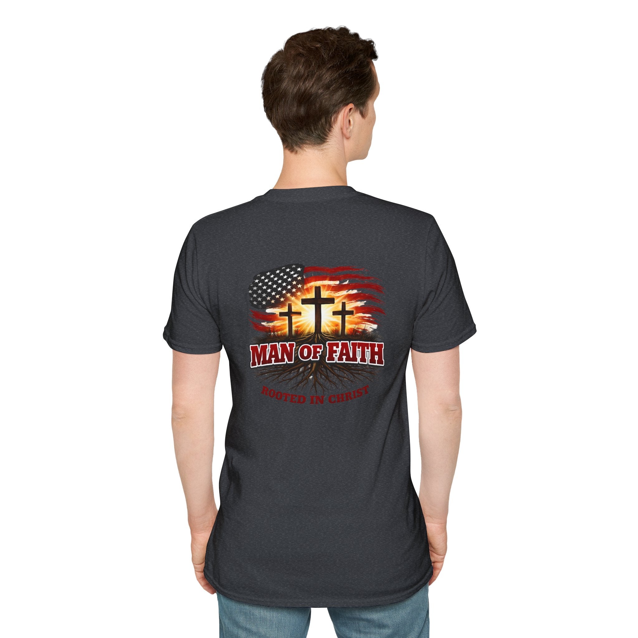 Man of Faith Rooted in Christ T-Shirt — Christian Gift for Him Flag & Cross Back Print Graphic Tee