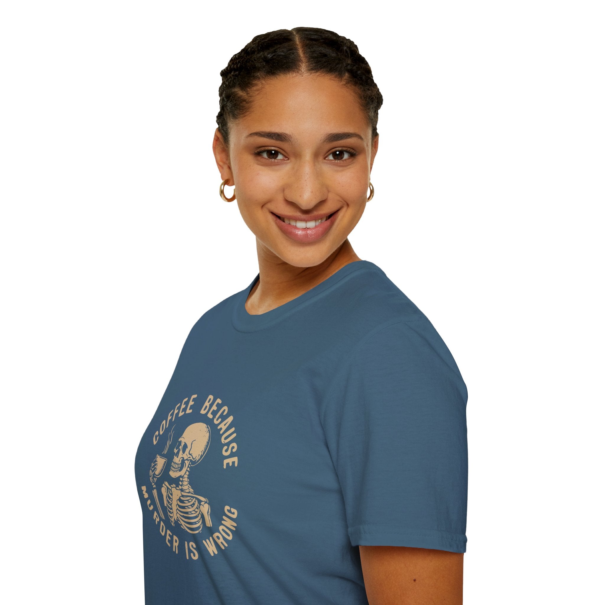 Coffee Because Murder Is Wrong Skull T-Shirt — Funny Dark Humor Gift for Her Graphic Tee