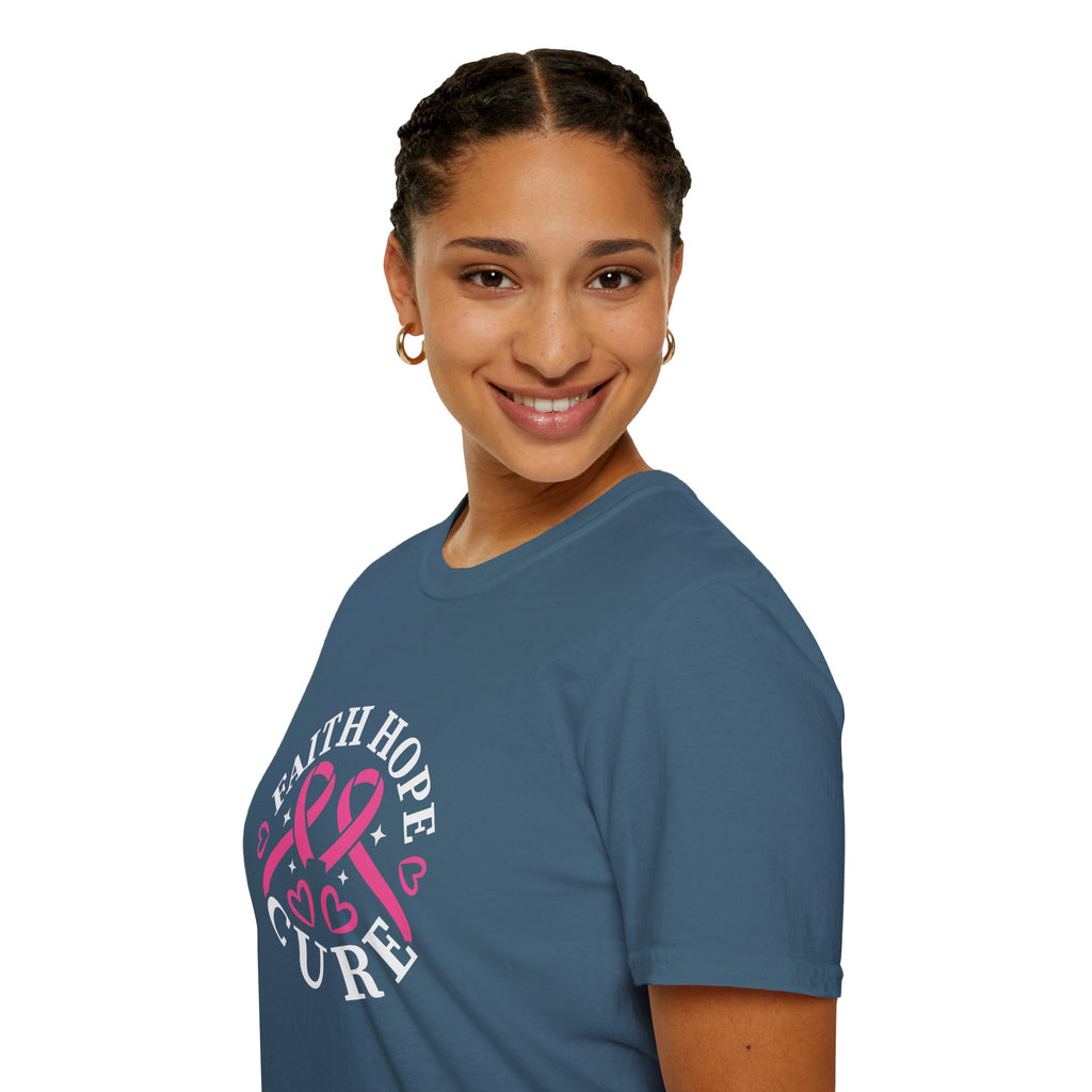 Faith Hope Cure Breast Cancer Awareness T-Shirt — Pink Ribbon Gift for Her Support Graphic Tee