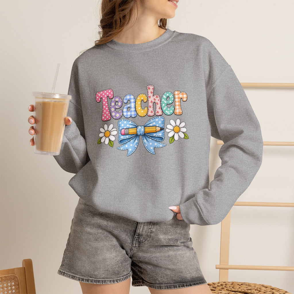 Teacher Floral Bow Sweatshirt — Cute Pastel Gift for Teachers Appreciation Crewneck