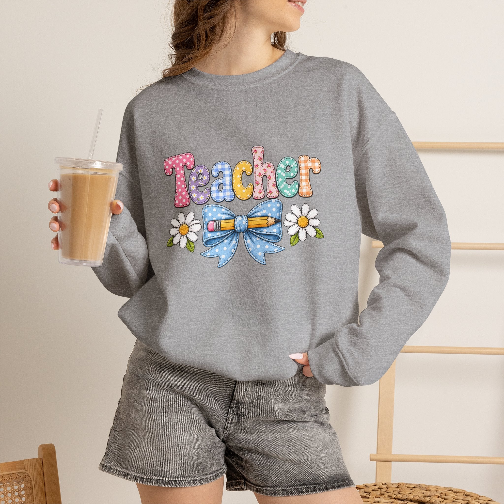 Teacher Floral Bow Sweatshirt — Cute Pastel Gift for Teachers Appreciation Crewneck