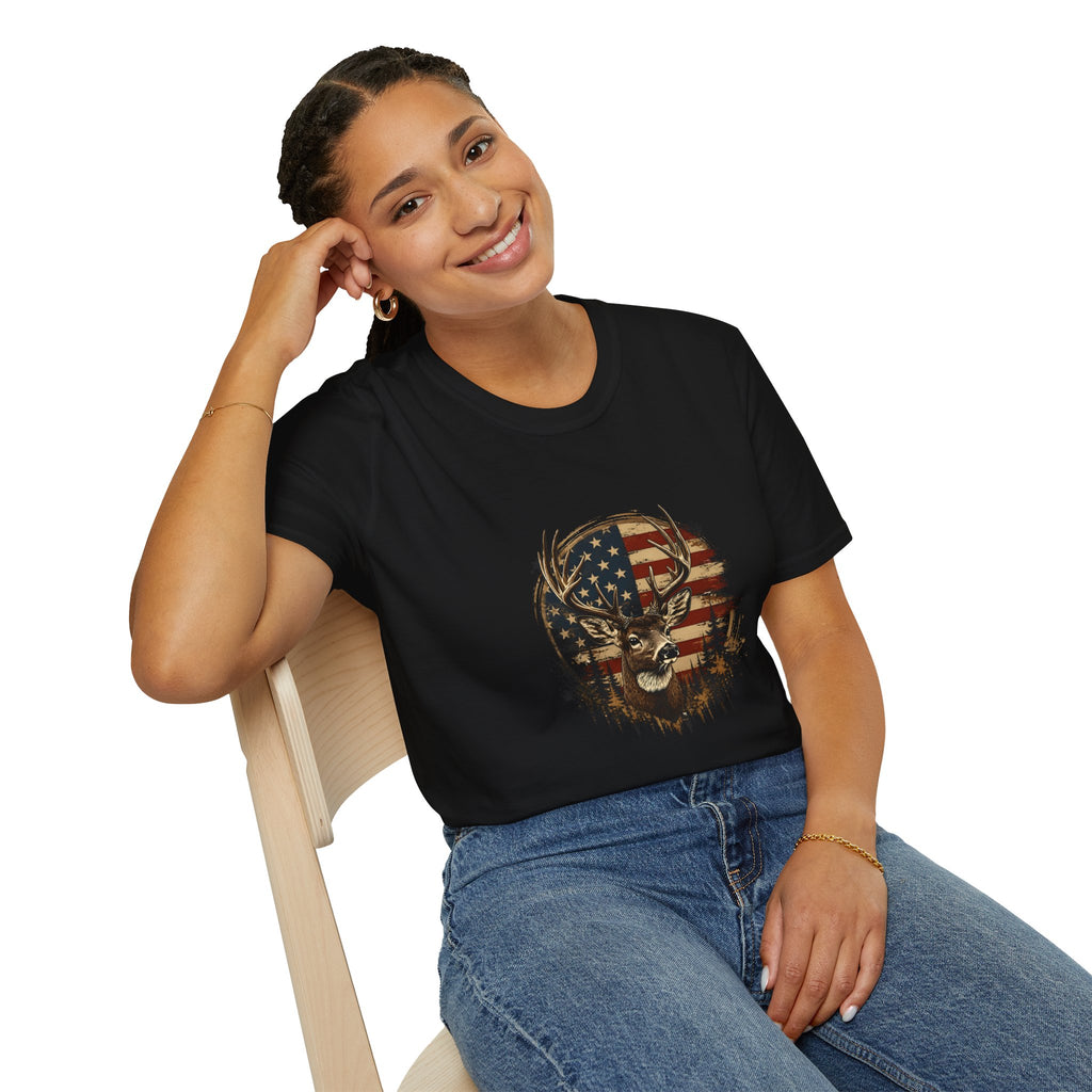 American Flag Deer T-Shirt — Patriotic Buck Gift for Hunters Men's Graphic Tee