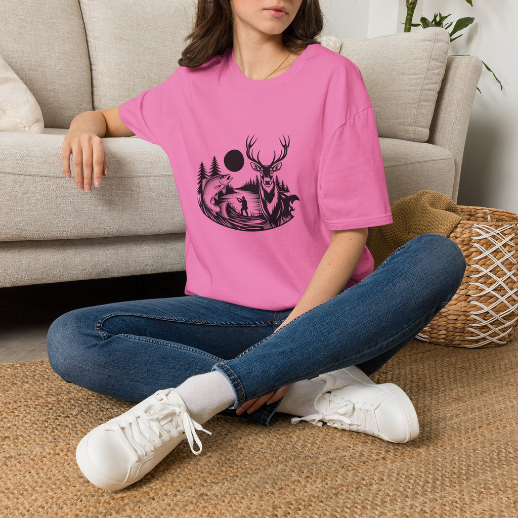 Deer & Fish Forest Silhouette T-Shirt — Rustic Outdoor Gift for Hunters Graphic Tee
