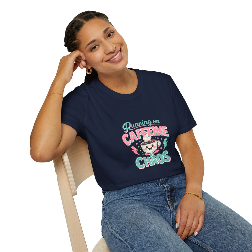 Running on Caffeine & Chaos T-Shirt — Funny Gift for Coffee Loving Moms Graphic Tee