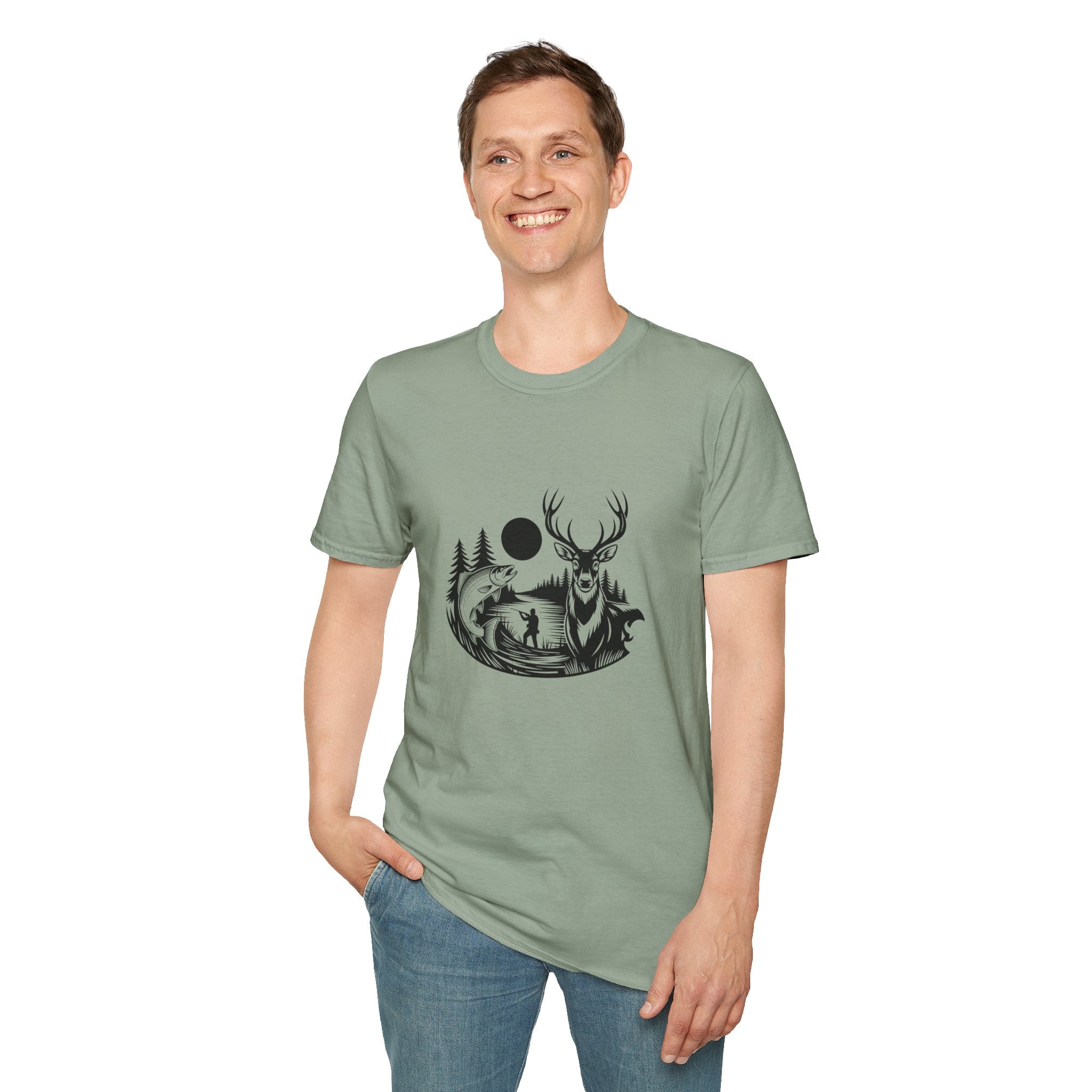 Deer & Fish Forest Silhouette T-Shirt — Rustic Outdoor Gift for Hunters Graphic Tee