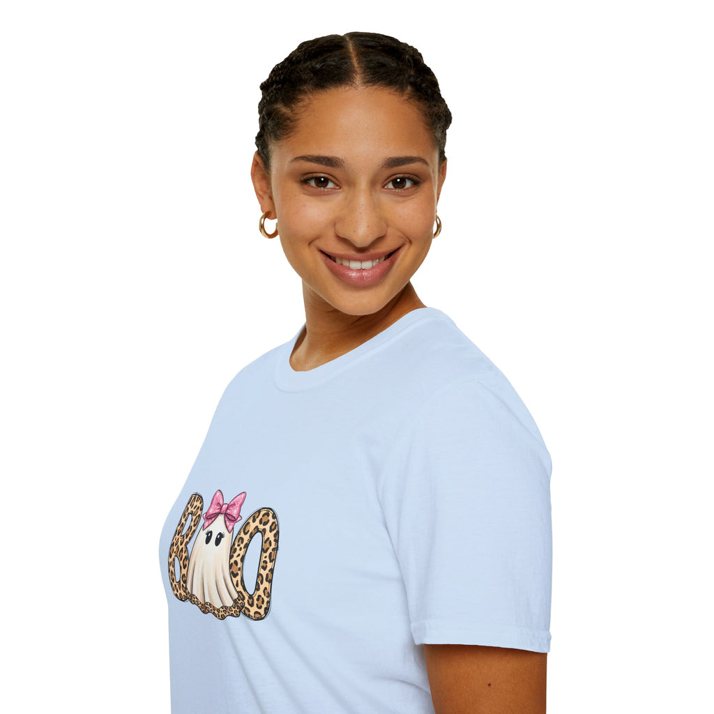 Boo Leopard Ghost T-Shirt — Cute Pink Bow Halloween Gift for Women Graphic Tee