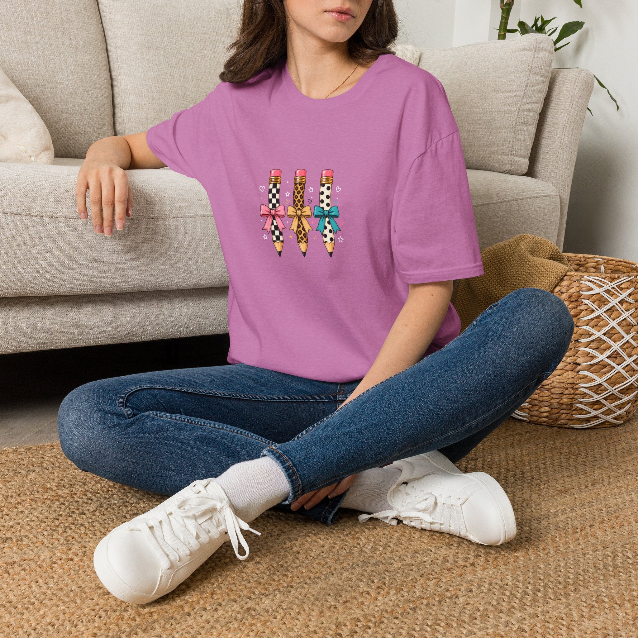 Pencil Trio Graphic T-Shirt — Cute Patterned Pencils with Bows