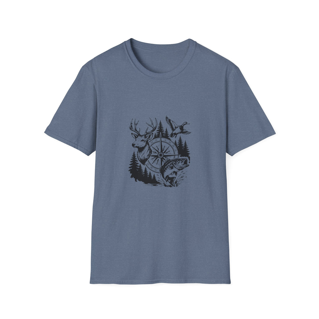 Outdoor Wildlife Compass T-Shirt — Deer Duck & Fish Nature Gift for Hunters