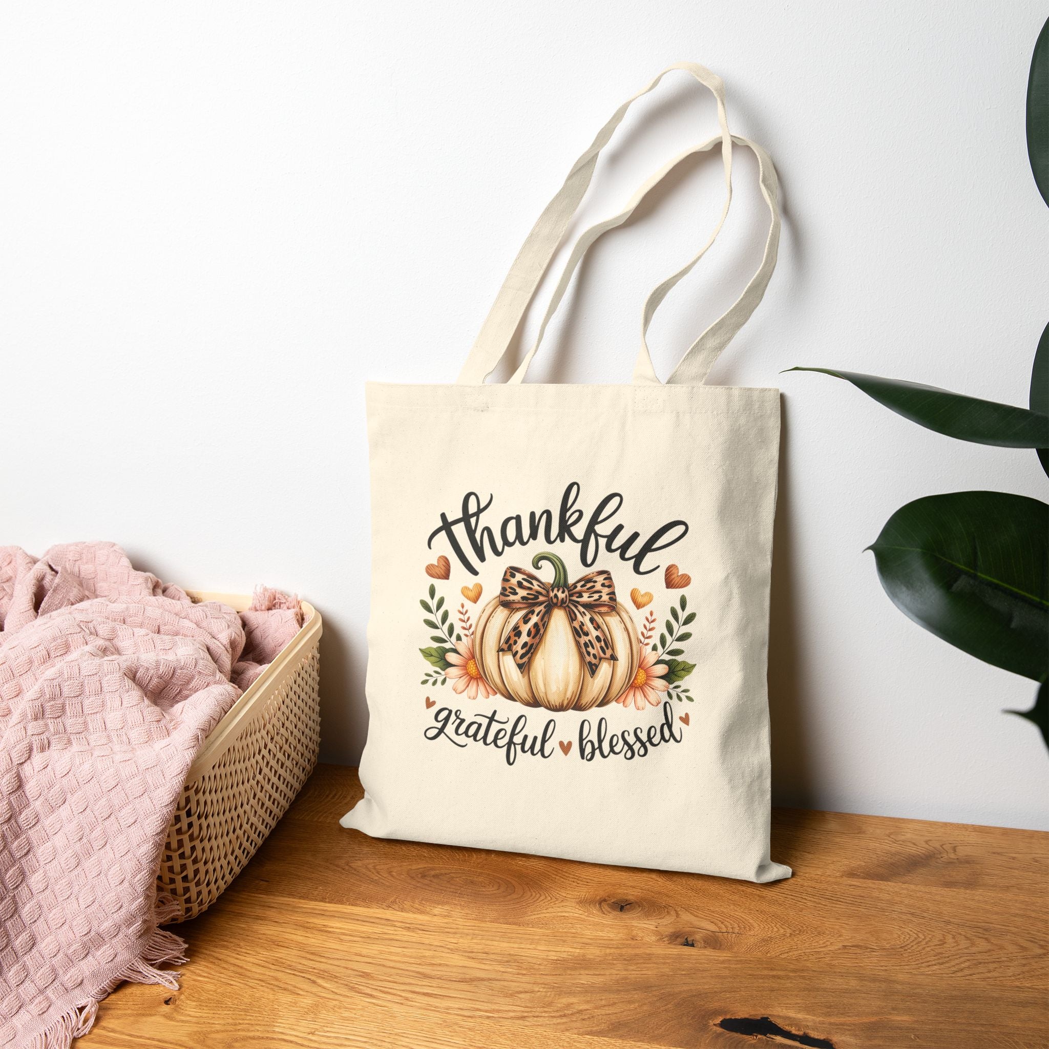 Thankful Grateful Blessed Pumpkin Tote Bag — Cute Fall Gift for Women Canvas Shopper