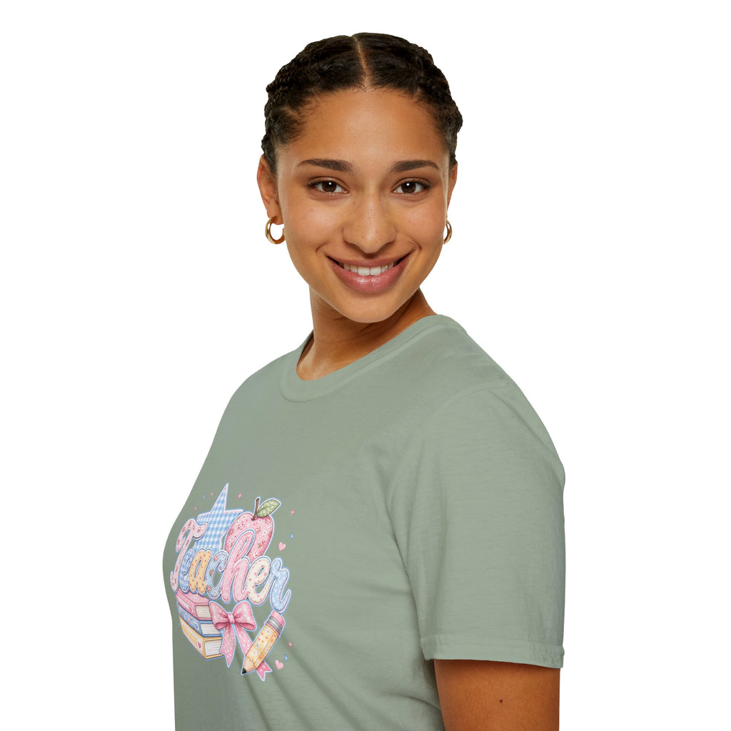Cute Pastel Apple & Books Teacher T-Shirt — Funny Back-to-School Gift Graphic Tee