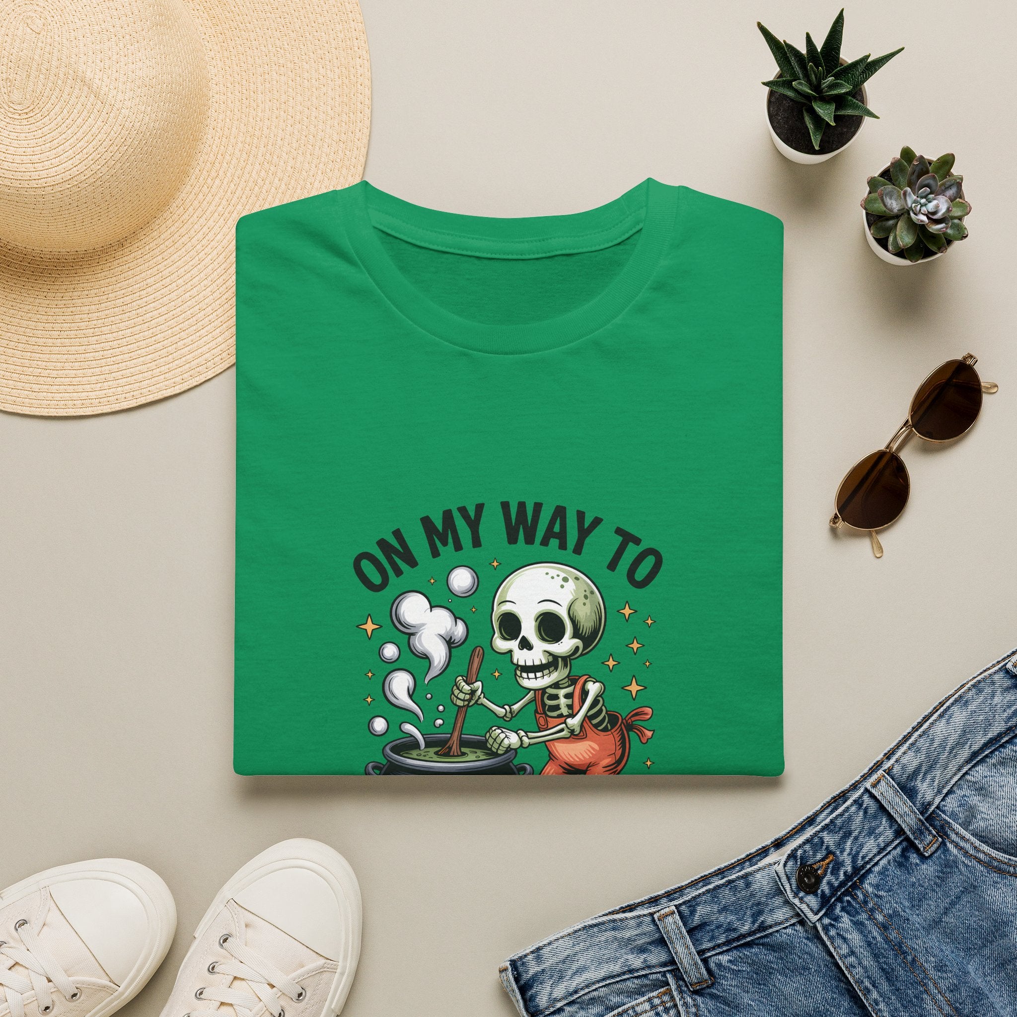 On My Way to Stir the Pot Skeleton T-Shirt — Funny Halloween Gift for Women