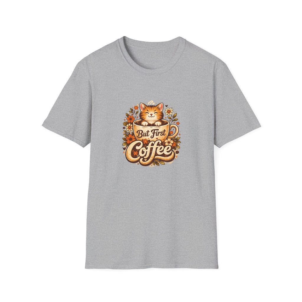 But First Coffee Cat T-Shirt — Cute Floral Gift for Coffee Lovers Women's Tee