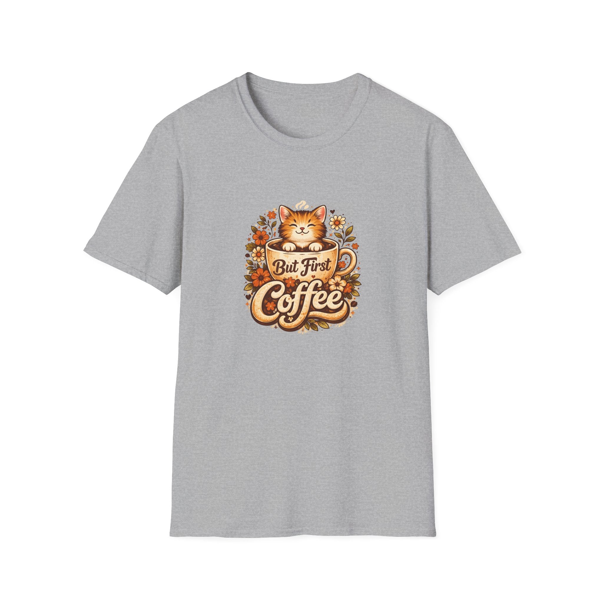 But First Coffee Cat T-Shirt — Cute Floral Gift for Coffee Lovers Women's Tee