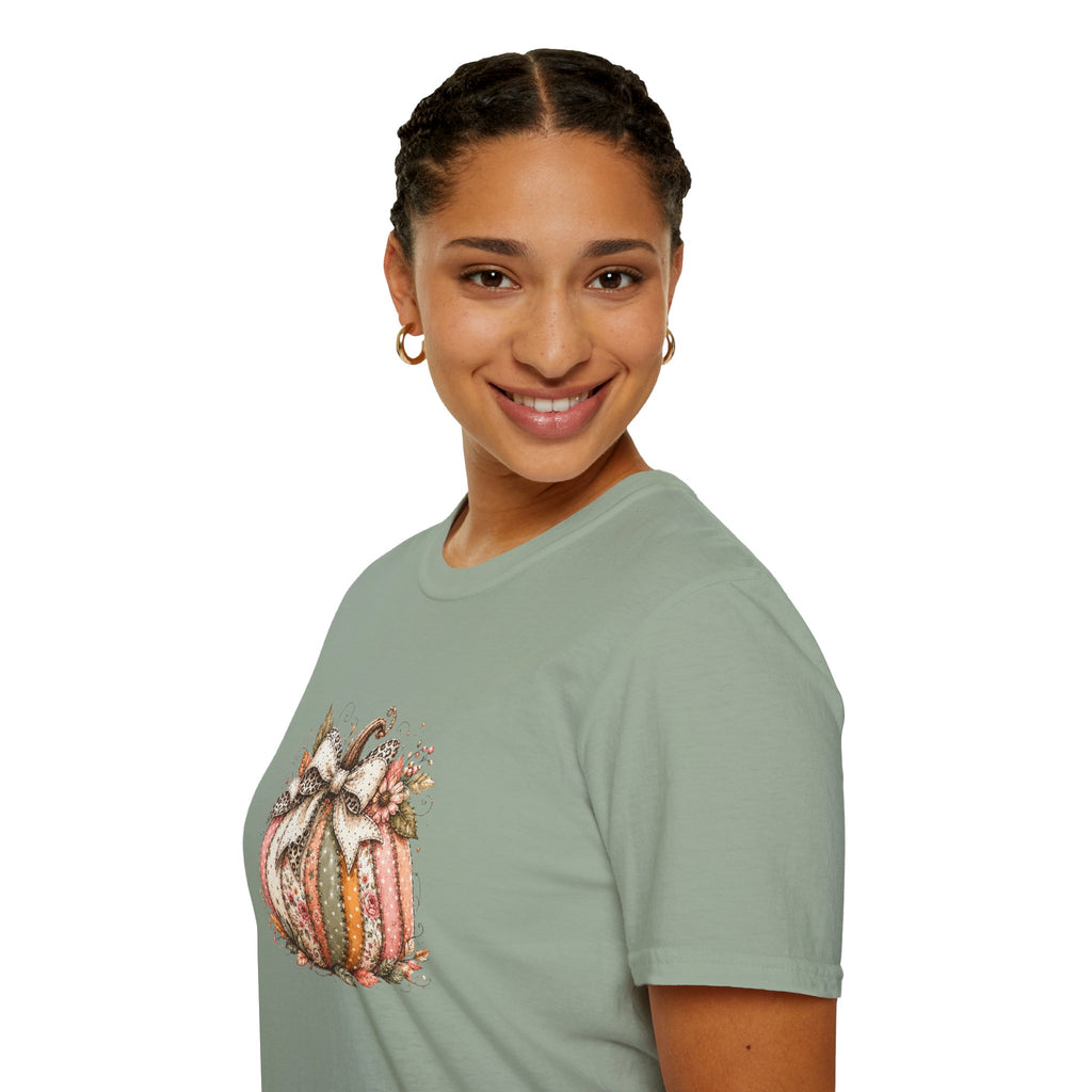 Autumn Floral Pumpkin Leopard Bow T-Shirt — Cute Fall Gift for Women Graphic Tee