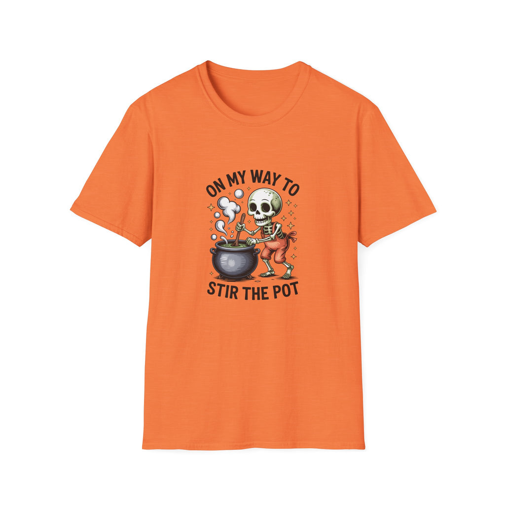 On My Way to Stir the Pot Skeleton T-Shirt — Funny Halloween Gift for Women
