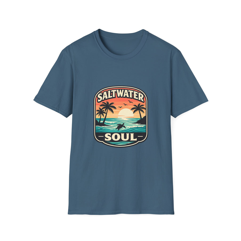Saltwater Soul Retro Beach T-Shirt — Cute Coastal Gift for Women Sunset Palm Tee