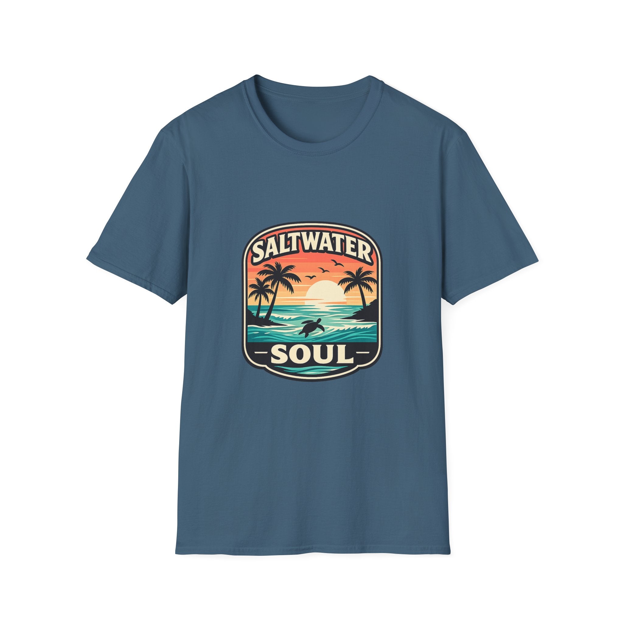 Saltwater Soul Retro Beach T-Shirt — Cute Coastal Gift for Women Sunset Palm Tee