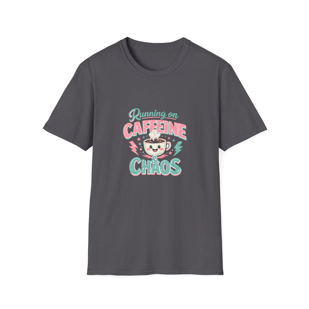 Running on Caffeine & Chaos T-Shirt — Funny Gift for Coffee Loving Moms Graphic Tee
